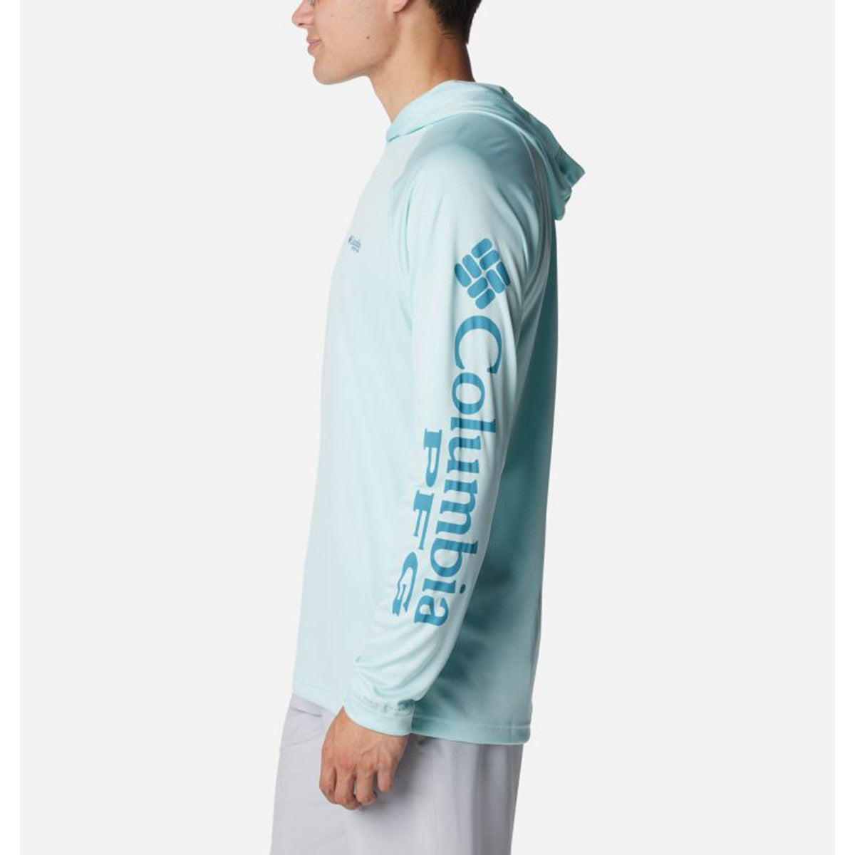 Columbia PFG Terminal Tackle Hoodie Side Image in Icy Morn-Canyon Blue