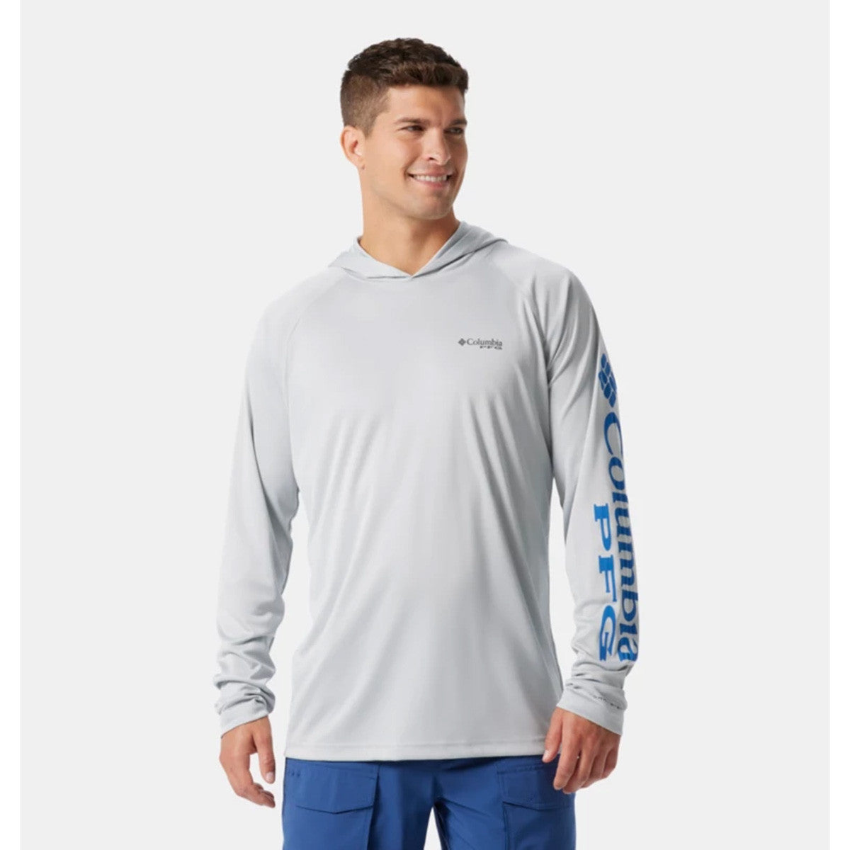 Columbia PFG Terminal Tackle Hoodie Image in Cool Grey-Vivid Blue