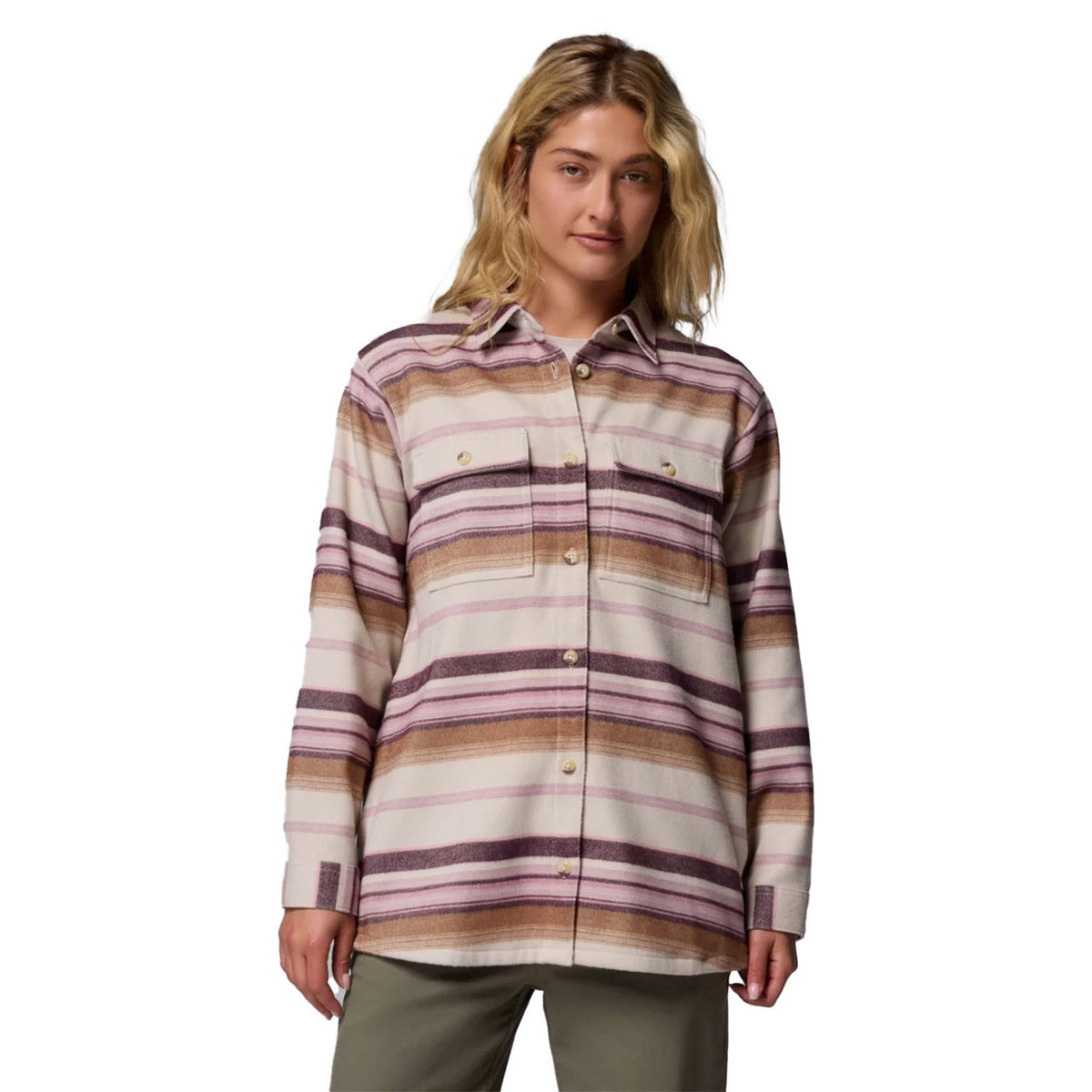 Columbia Women's Blue Point Creek Shirt Jacket image in Dark Stone Hilltop Stripe