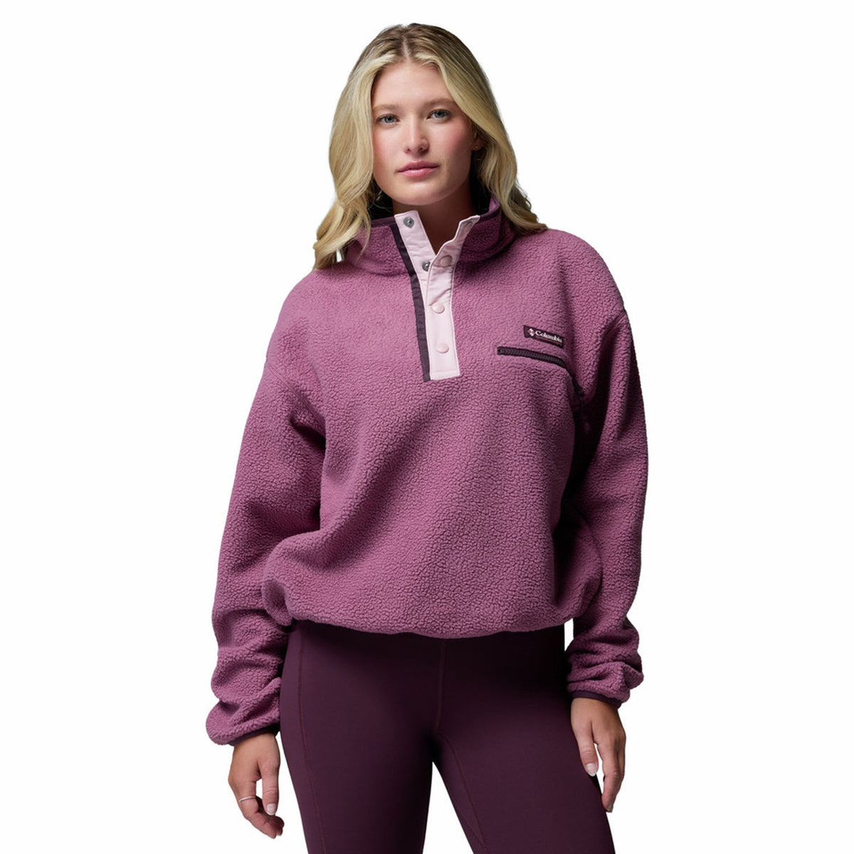 Image of the Columbia Women's Helvetia II Cropped Half Snap Fleece Pullover in Antique Mauve/Mineral Pink