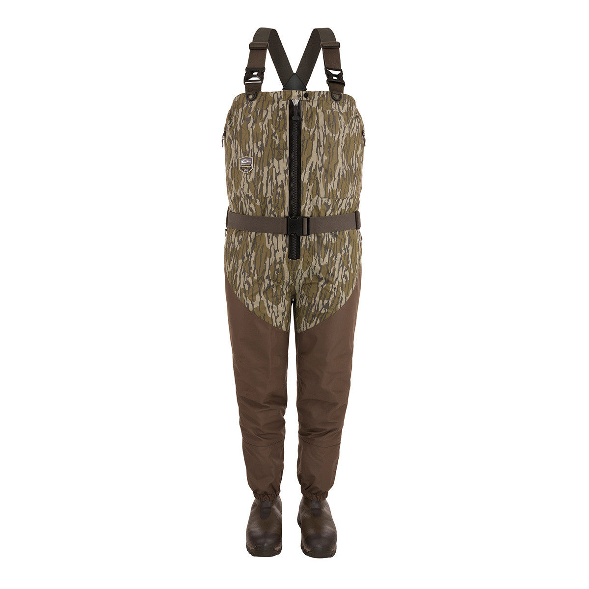 Drake Waterfowl Guardian Elite Insulated Front-Zip Wader Image in Mossy Oak Original Bottomland