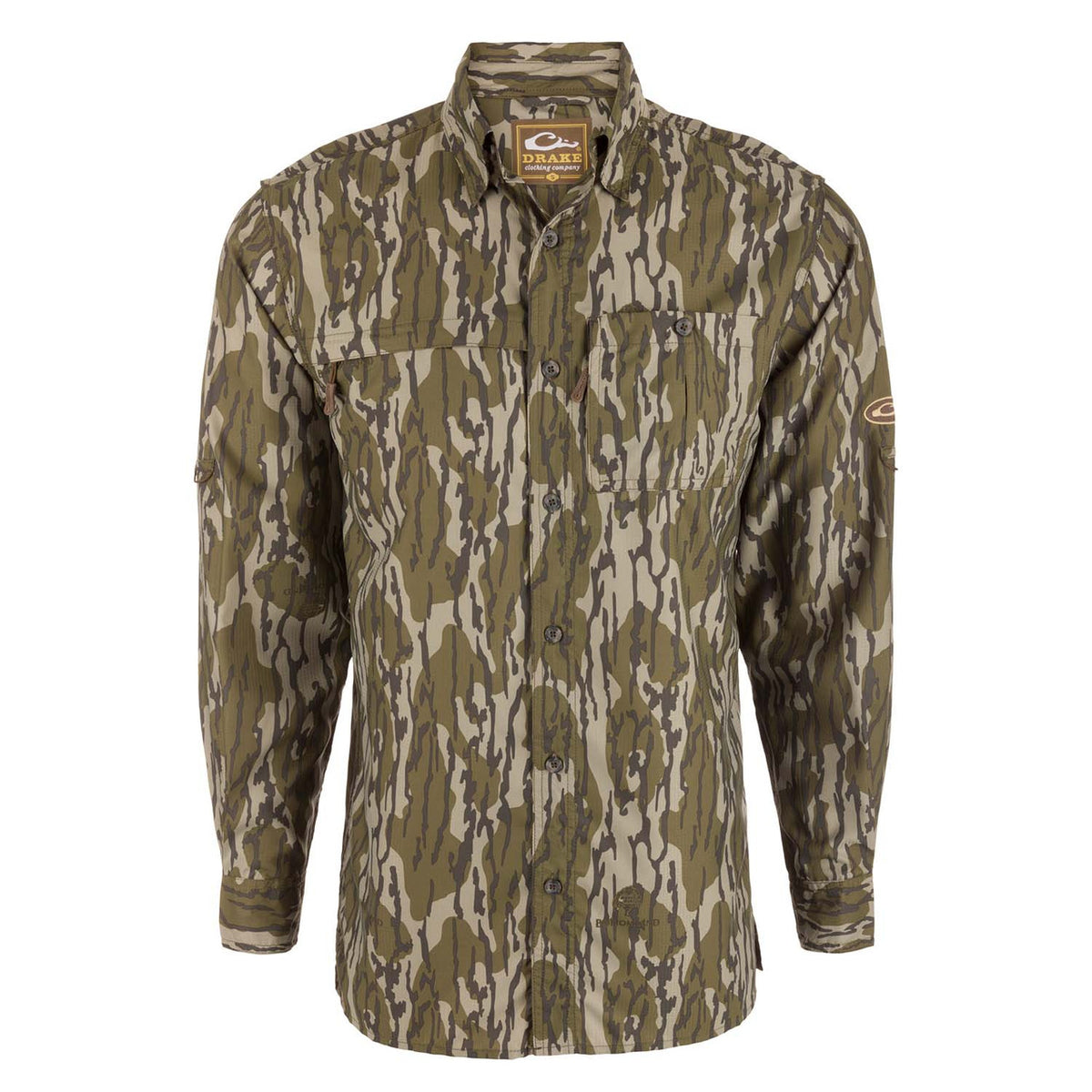 Drake Waterfowl Flyweight Camo Long-Sleeve Hunting Shirt Image in Mossy Oak Original Bottomland
