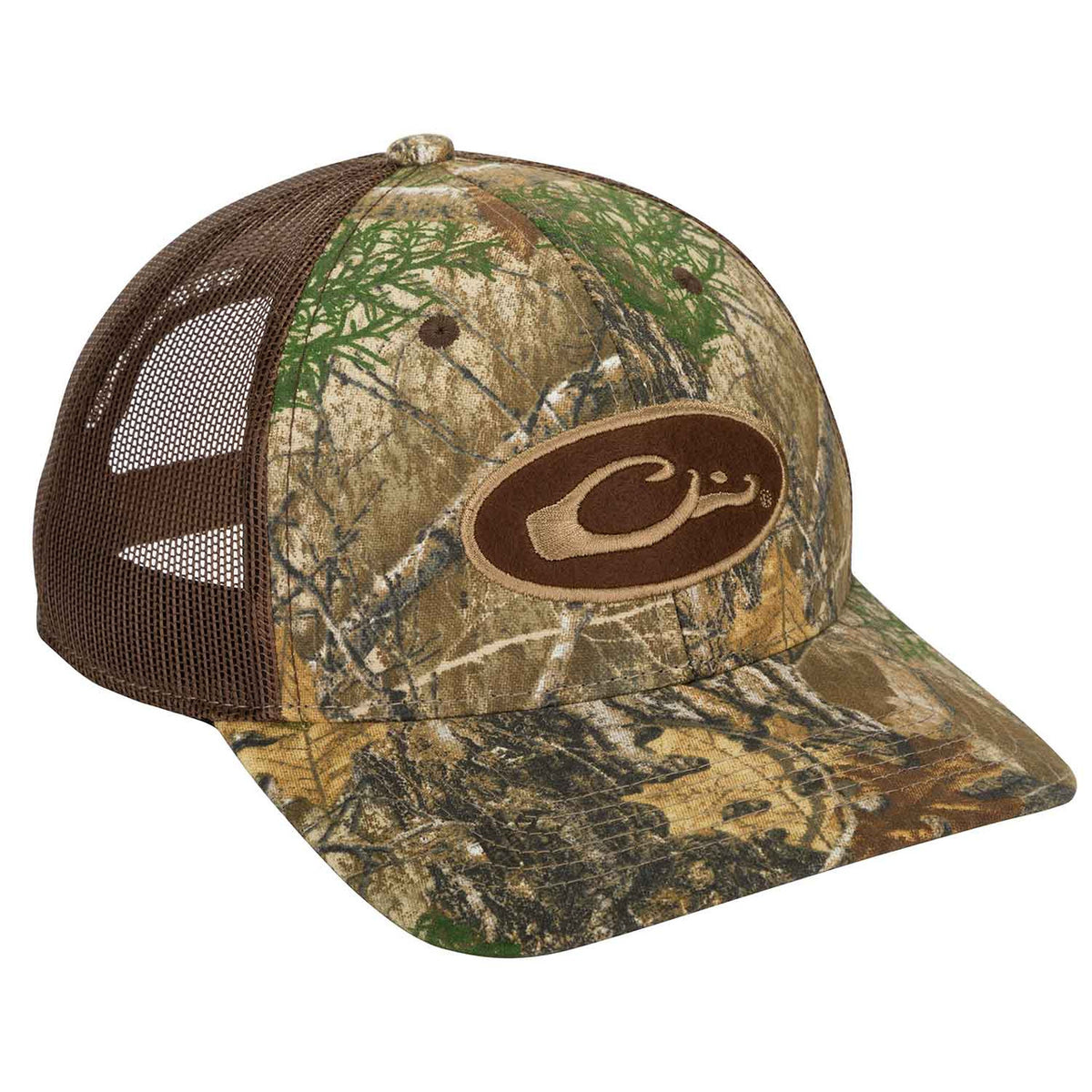 Drake Waterfowl Oval Patch Camo Mesh-Back Cap Front Image in Realtree Edge