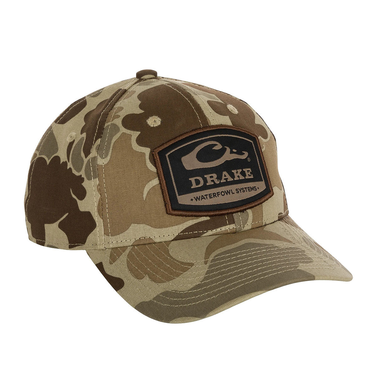 Drake Waterfowl 6-Panel Badge Cap Image in Old School Timber