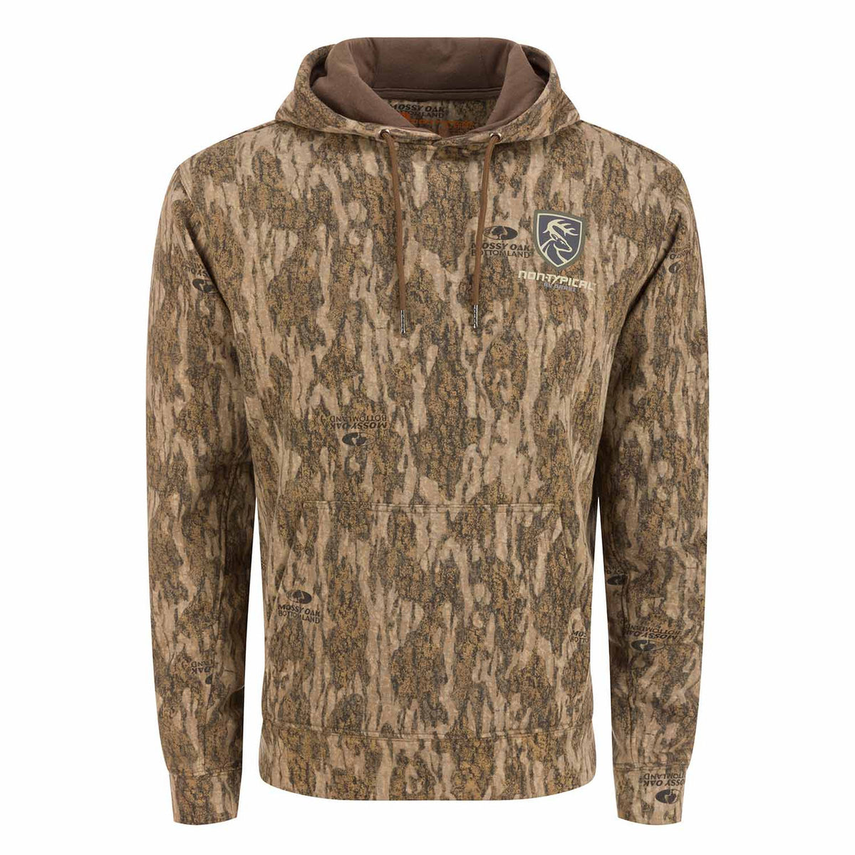 Drake Waterfowl Non-Typical Three-End Camo Hoodie Front Image in Mossy Oak Bottomland