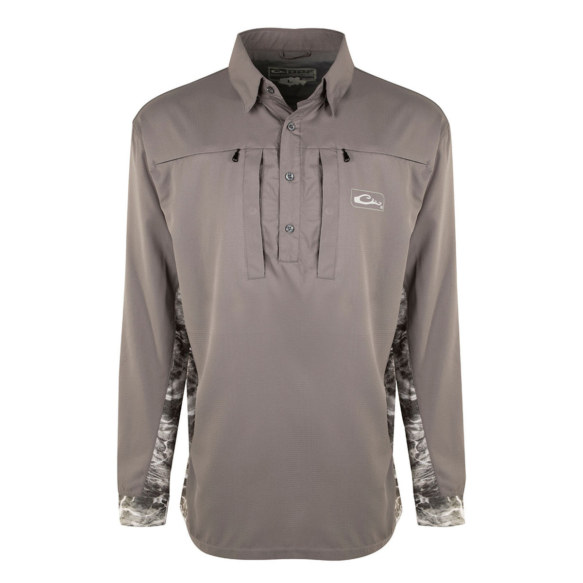 Drake Shield 4 UPF 50+ Cast-Away Performance Shirt Image in Mossy Oak Mantra / Gray