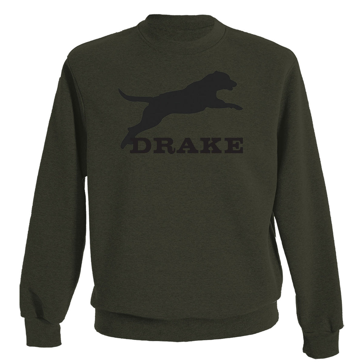 Drake Waterfowl Leaping Lab Graphic Crew Sweatshirt Back Image in Deep Depths Dark Heather