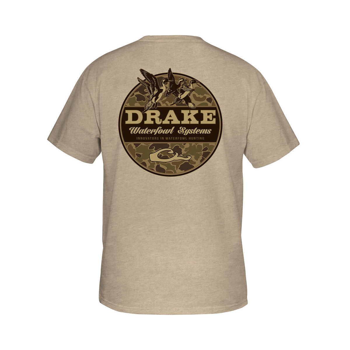 Drake Waterfowl Old School Circle Short Sleeve Graphic Tee Image in Shifting Sands Light Heather
