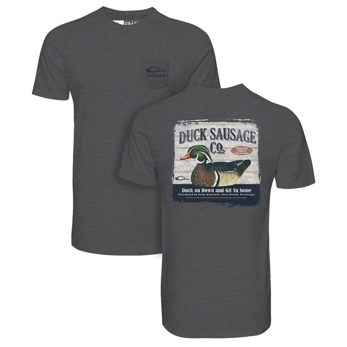 Image of the Drake Waterfowl Duck Sausage Co. Short Sleeve T-Shirt in Graphite Heather