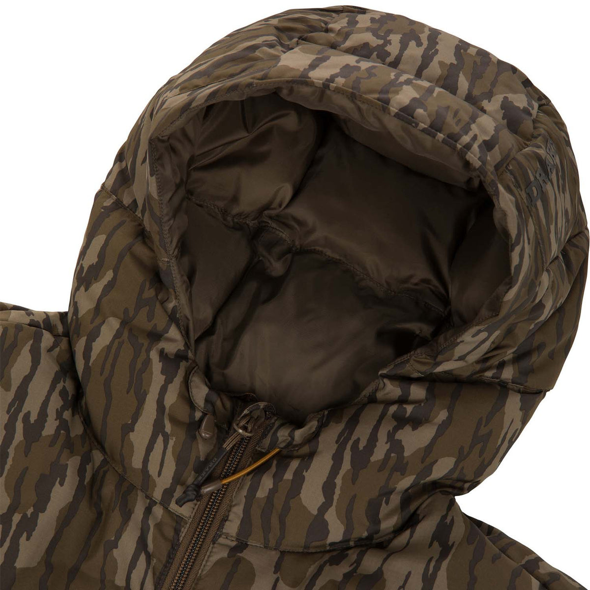 Front of Hood Image of the Drake Waterfowl BMF Down Jacket.