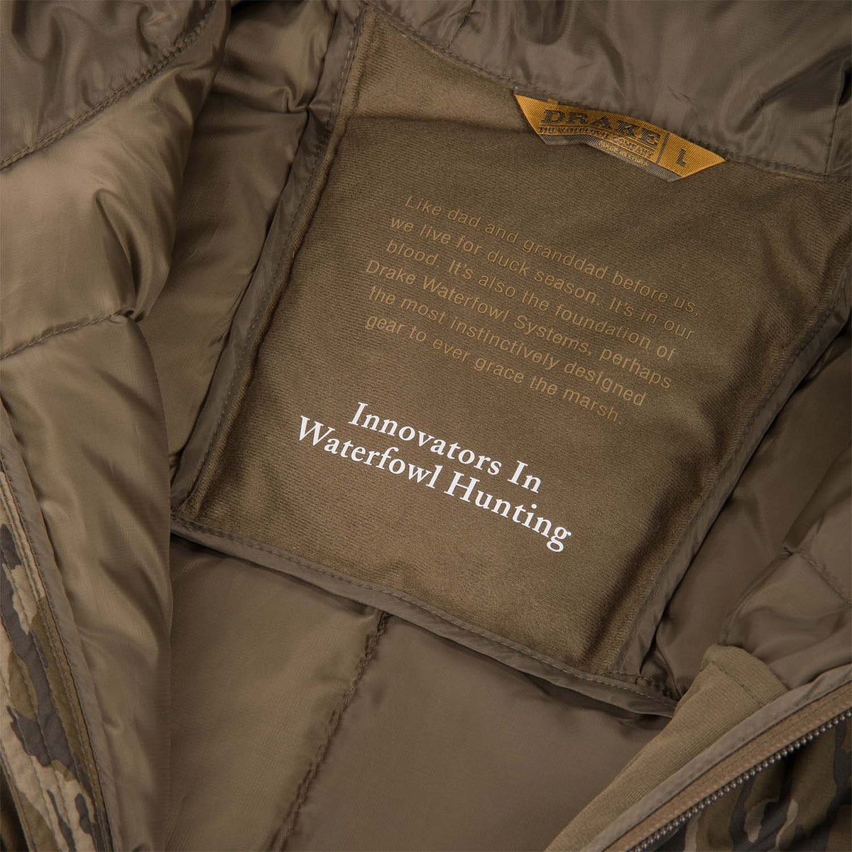 Inside Image of the Drake Waterfowl BMF Down Jacket.