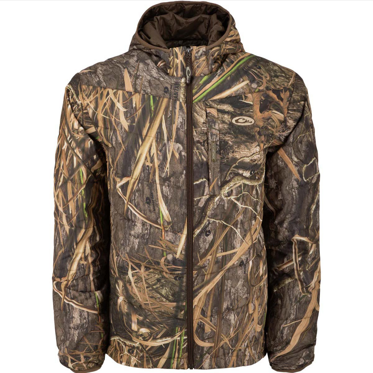Drake Waterfowl MST Synthetic Down Hooded Jacket Image in Mossy Oak Habitat