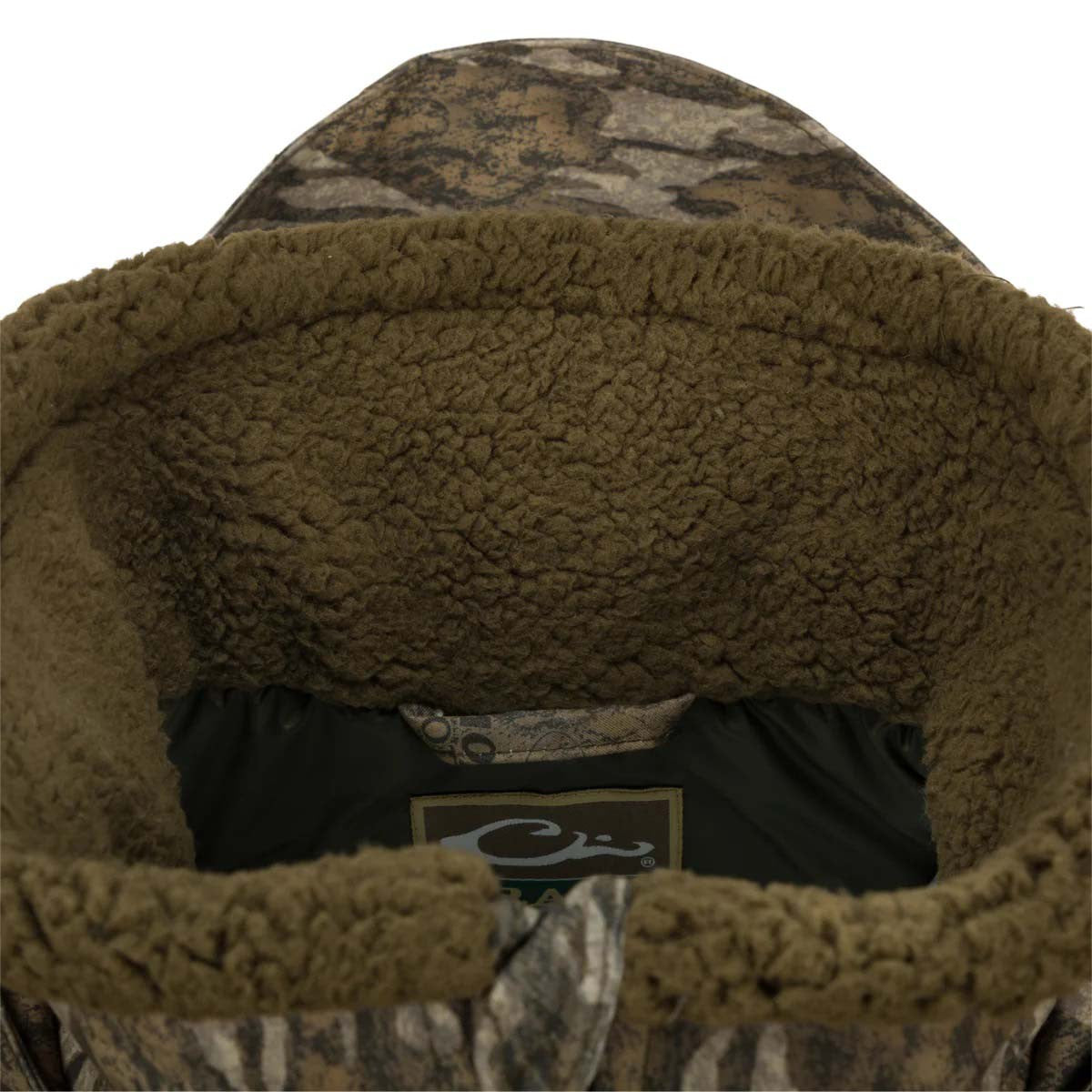 Drake Waterfowl LST Insulated Timber Jacket Collar Image in Mossy Oak Bottomland