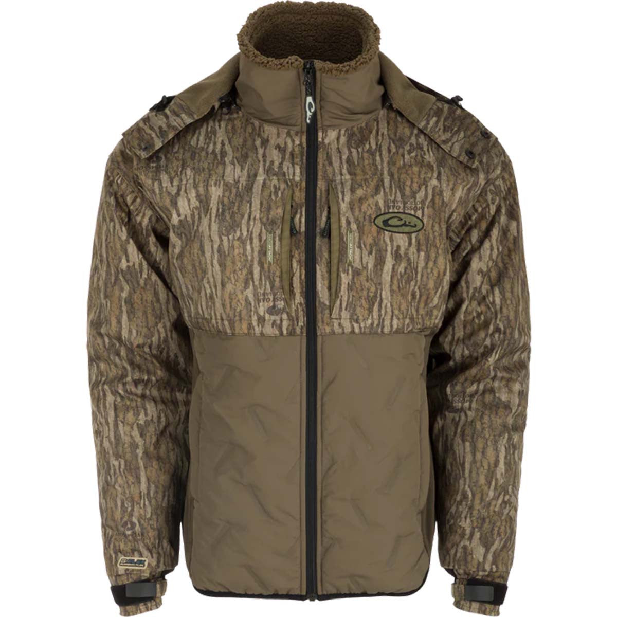 Drake Youth LST Guardian Flex Double Down Eqwader Hooded Full Zip Image in Mossy Oak Bottomland