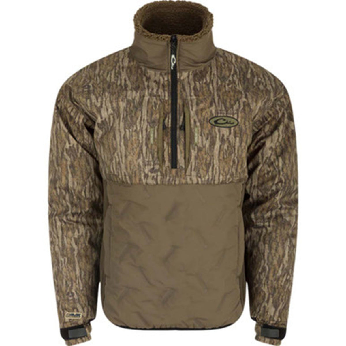 Image of Drake Women's LST Guardian Flex Double Down Eqwader 1/4 Zip Jacket in Mossy Oak Bottomland.