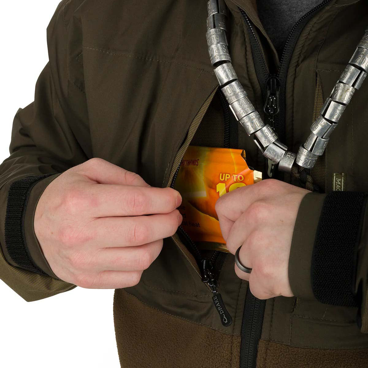 Drake Waterfowl MST Guardian Eqwader Flex Fleece Full-Zip Jacket Pocket Image in Green Timber