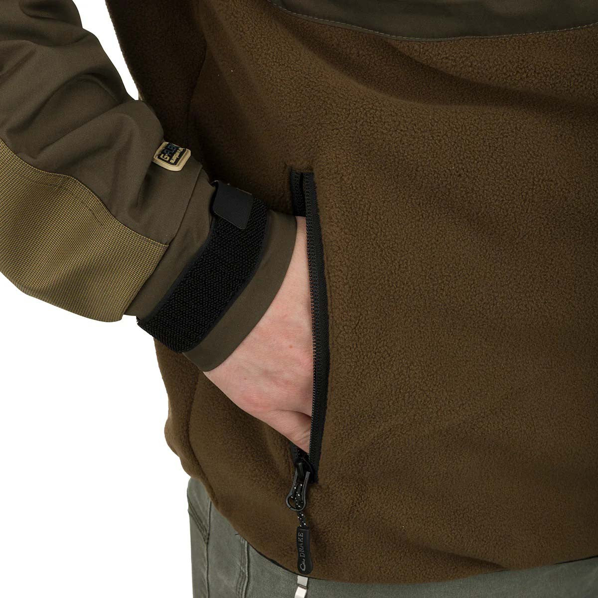 Drake Waterfowl MST Guardian Eqwader Flex Fleece Full-Zip Jacket Pocket Image in Green Timber