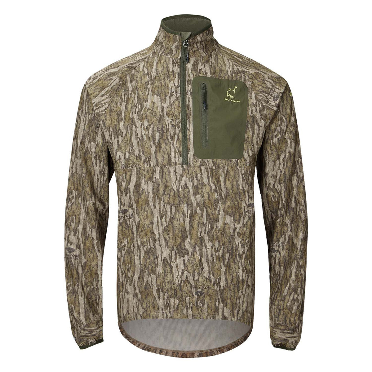 Drake Waterfowl Half Zip Pullover with Spider Web Technology Image in Mossy Oak Bottomland.