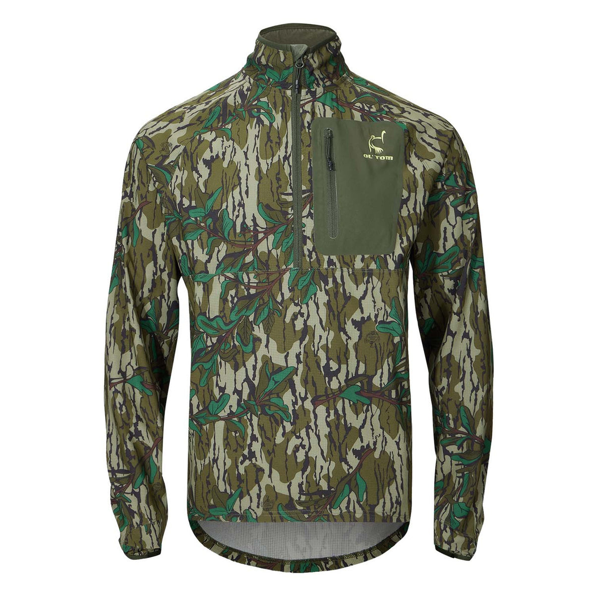 Drake Waterfowl Half Zip Pullover with Spider Web Technology Image in Mossy Oak Greenleaf.
