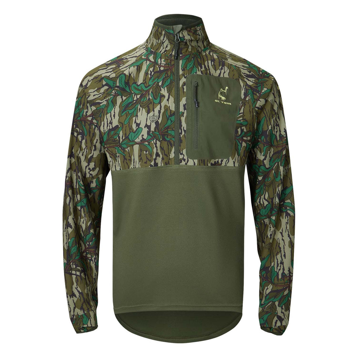 Drake Waterfowl Eqwader Half Zip Pullover with Spider Web Technology Front Image in Mossy Oak Greeneleaf
