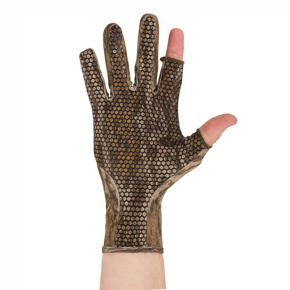 Drake Waterfowl Performance Stretch-Fit Shooter Turkey Gloves Palm Image in Mossy Oak Bottomland