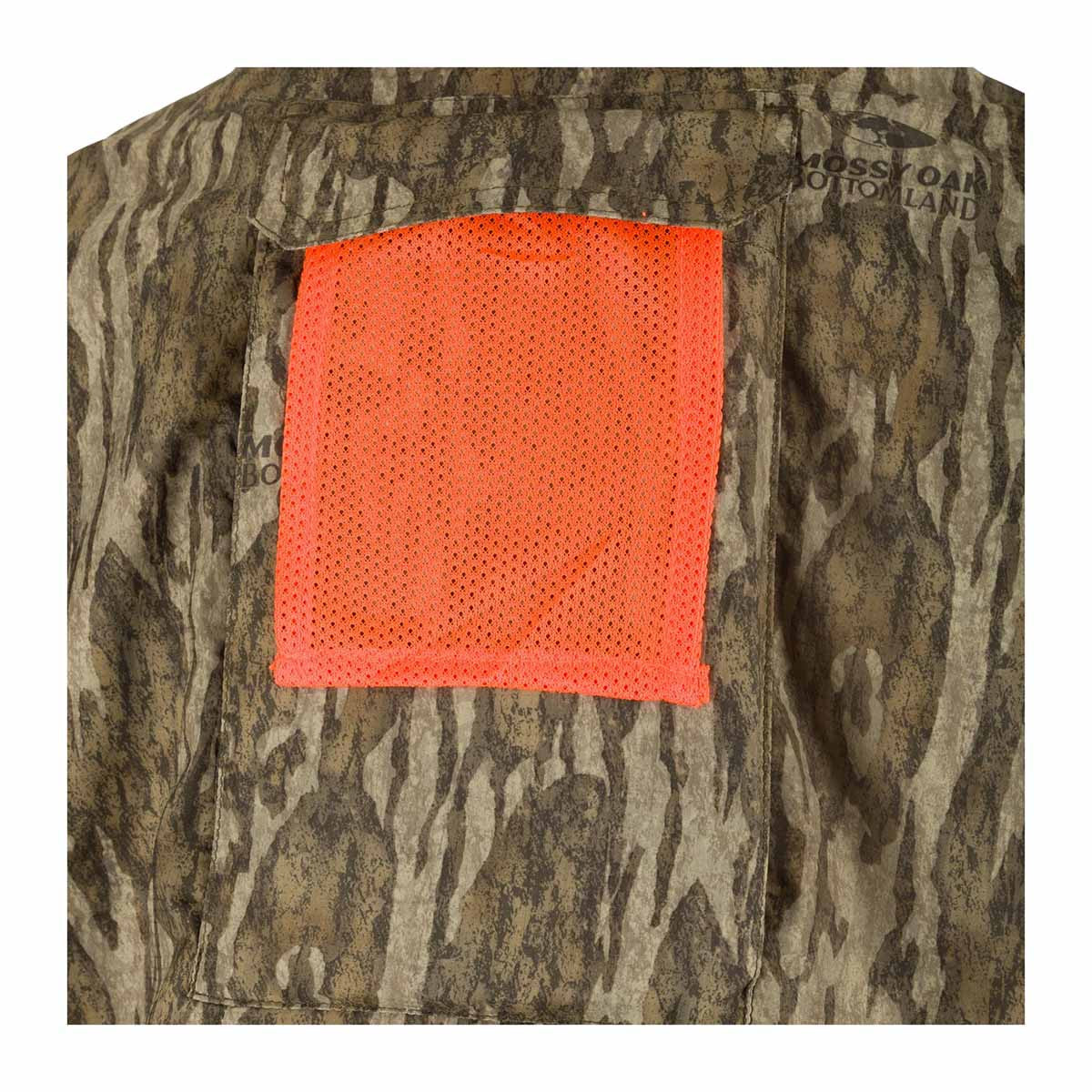 Drake Waterfowl Mesh Back Flyweight Turkey Shirt Orange Flag Image in Mossy Oak Bottomland