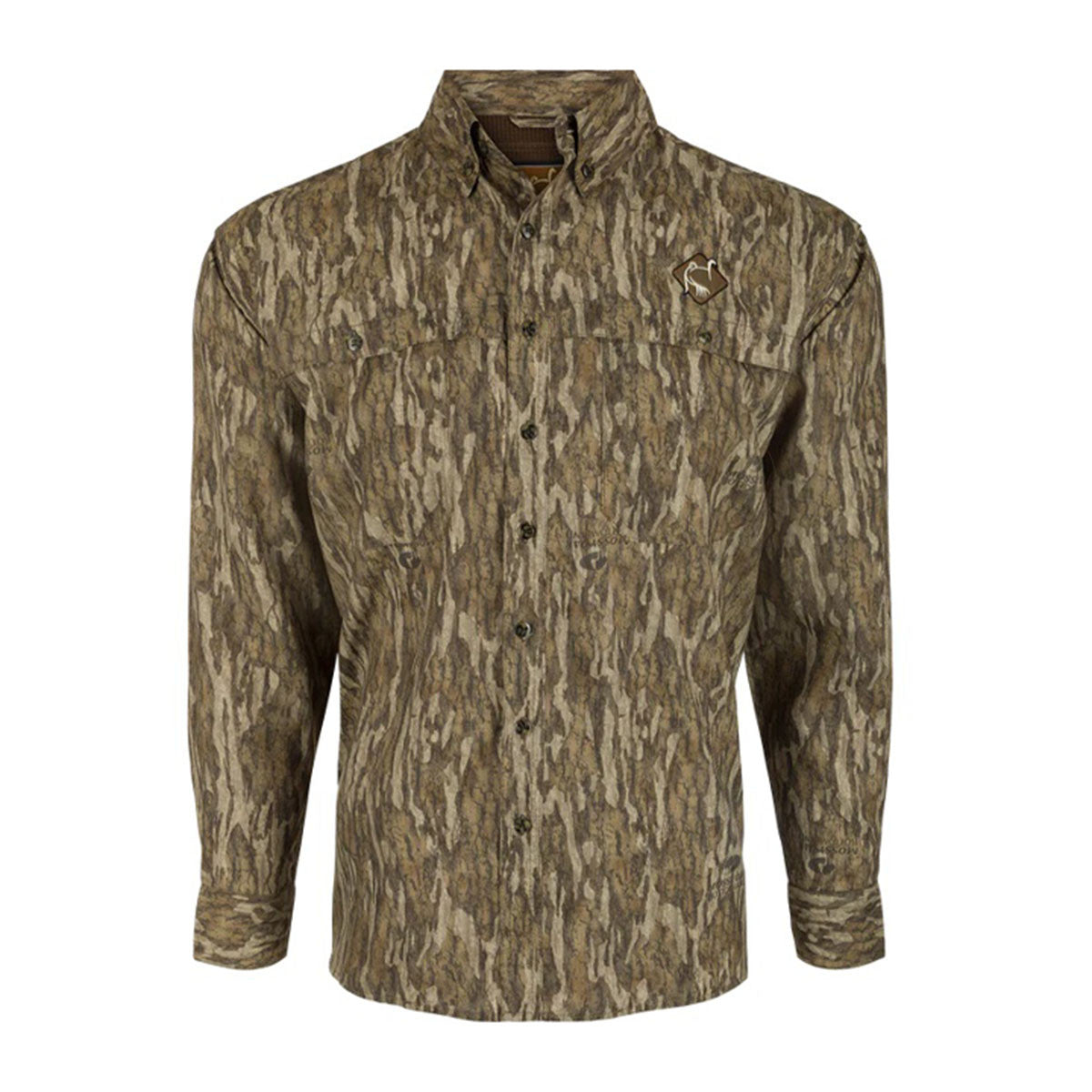 Drake Waterfowl Mesh Back Flyweight Turkey Shirt Image in Mossy Oak Bottomland