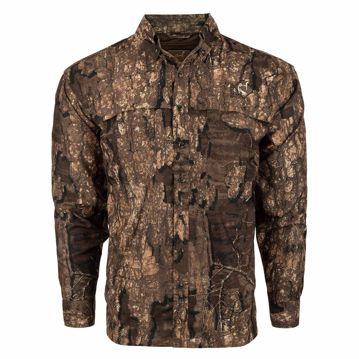 Drake Youth Mesh Back Flyweight Shirt 2.0 Front Image in Realtree Timber