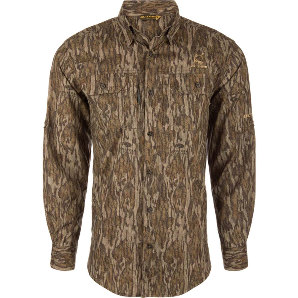 Image of Drake Waterfowl Camo Wingshooter Trey Long-Sleeve Shirt in Mossy Oak Bottomland.