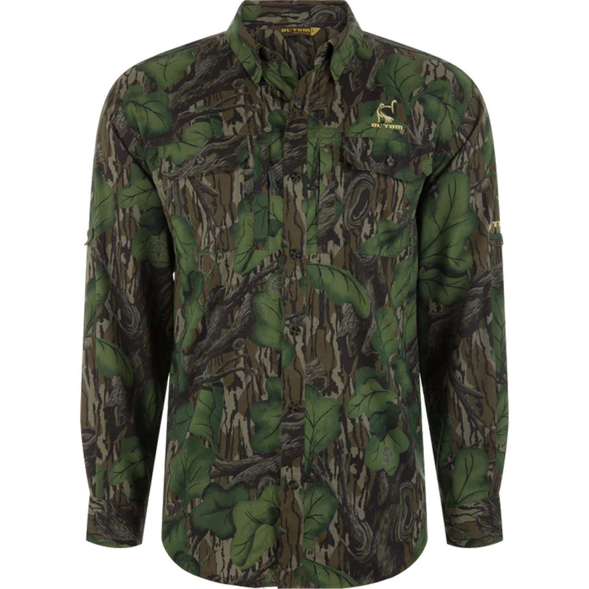 Image of Drake Waterfowl Camo Wingshooter Trey Long-Sleeve Shirt in Mossy Oak Full Foliage.