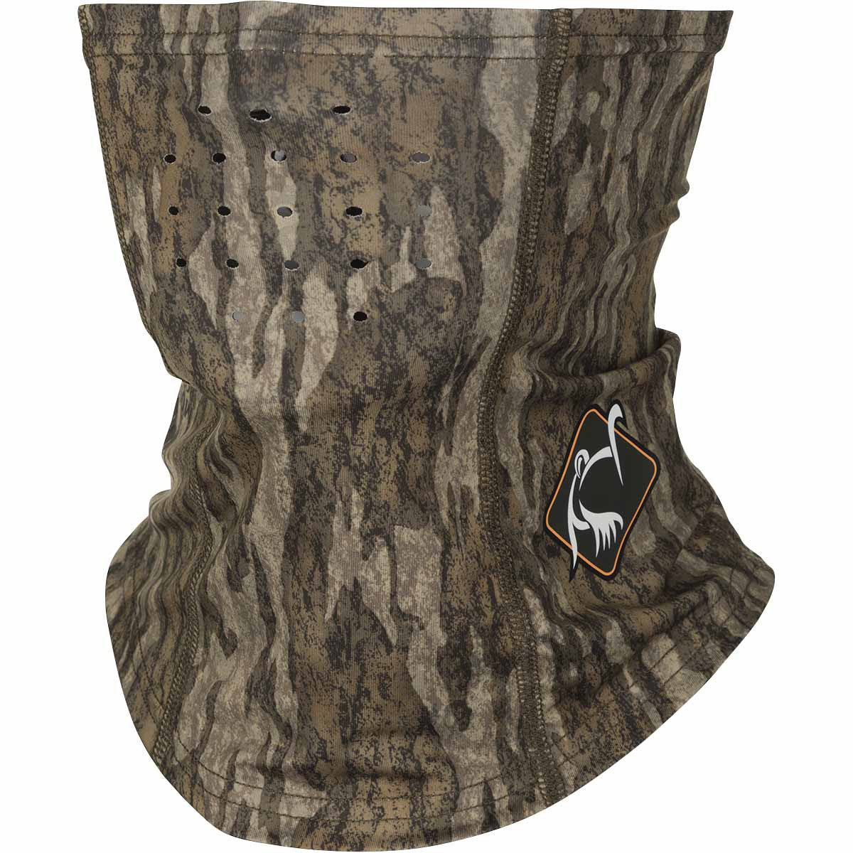 Drake Waterfowl Youth Performance Face Mask Image in Mossy Oak Bottomland Mossy Oak Greenleaf