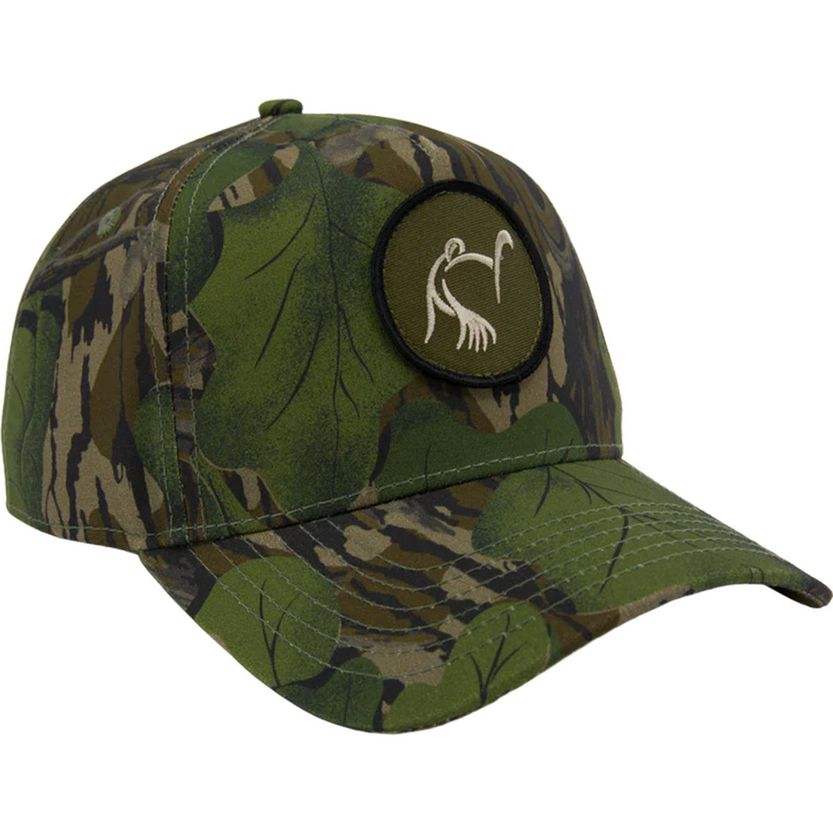 Image of Drake LOST Hat X Ol Tom Easy 5-Panel Circle Cap in Mossy Oak Foliage.