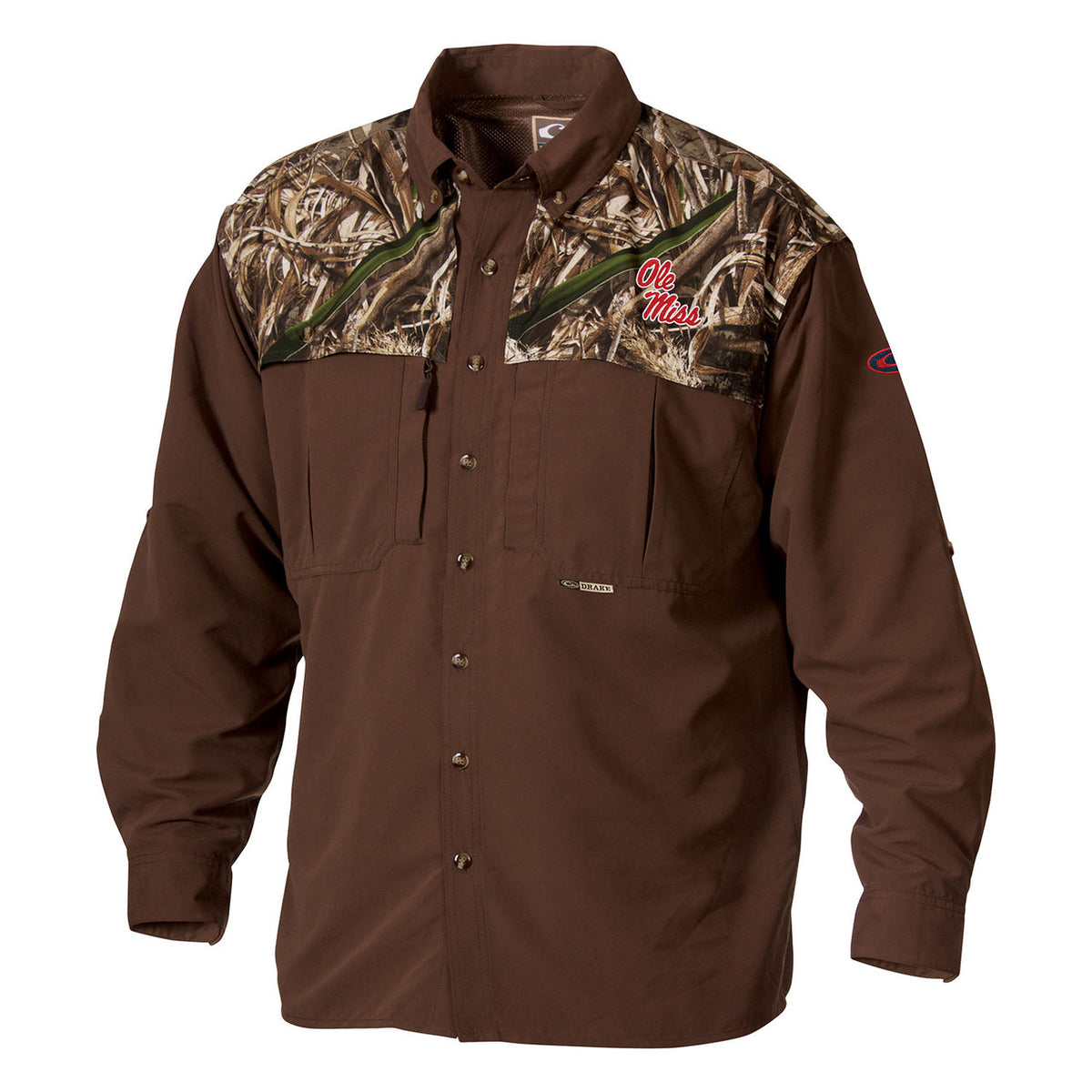 Drake Waterfowl Ole Miss Two-Tone Wingshooter's Long-Sleeve Shirt Image in Realtree Max 5