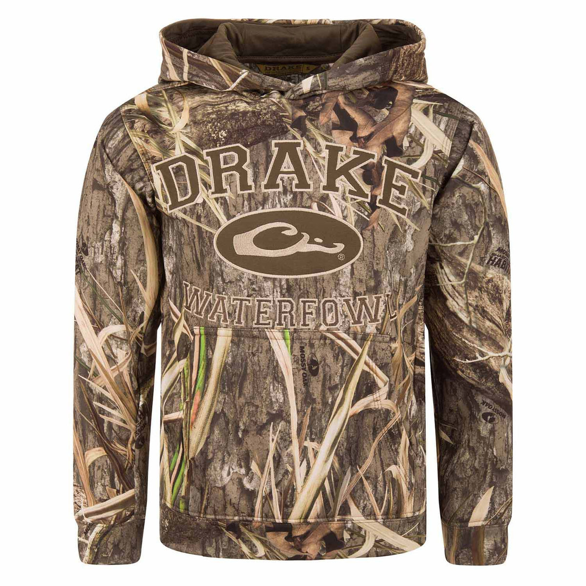Drake Waterfowl Youth Performance Mossy Oak Hoodie Image in Mossy Oak Habitat