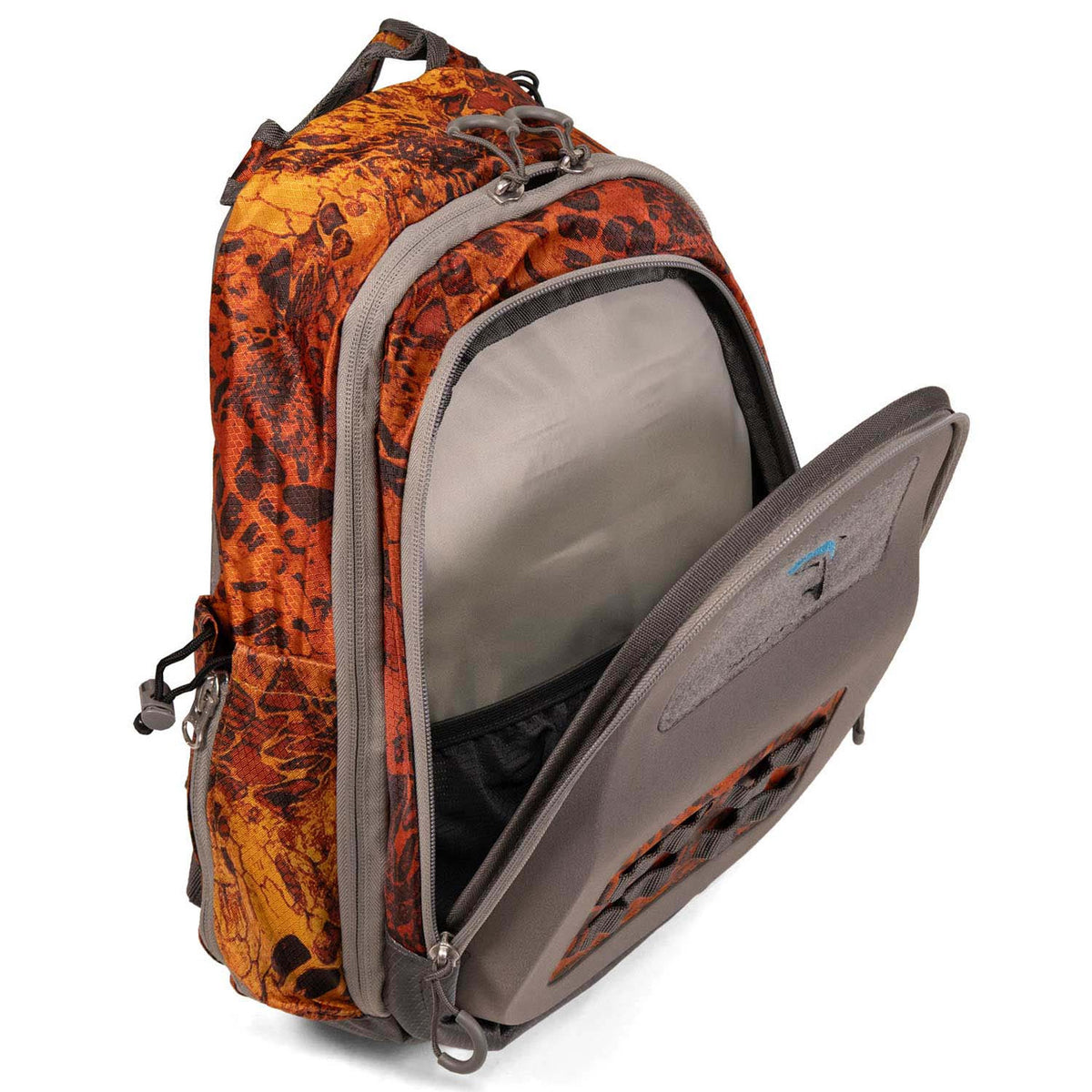 Opened front pocket image of the Fishtacker Riverpath Sling Pack in Firestorm.