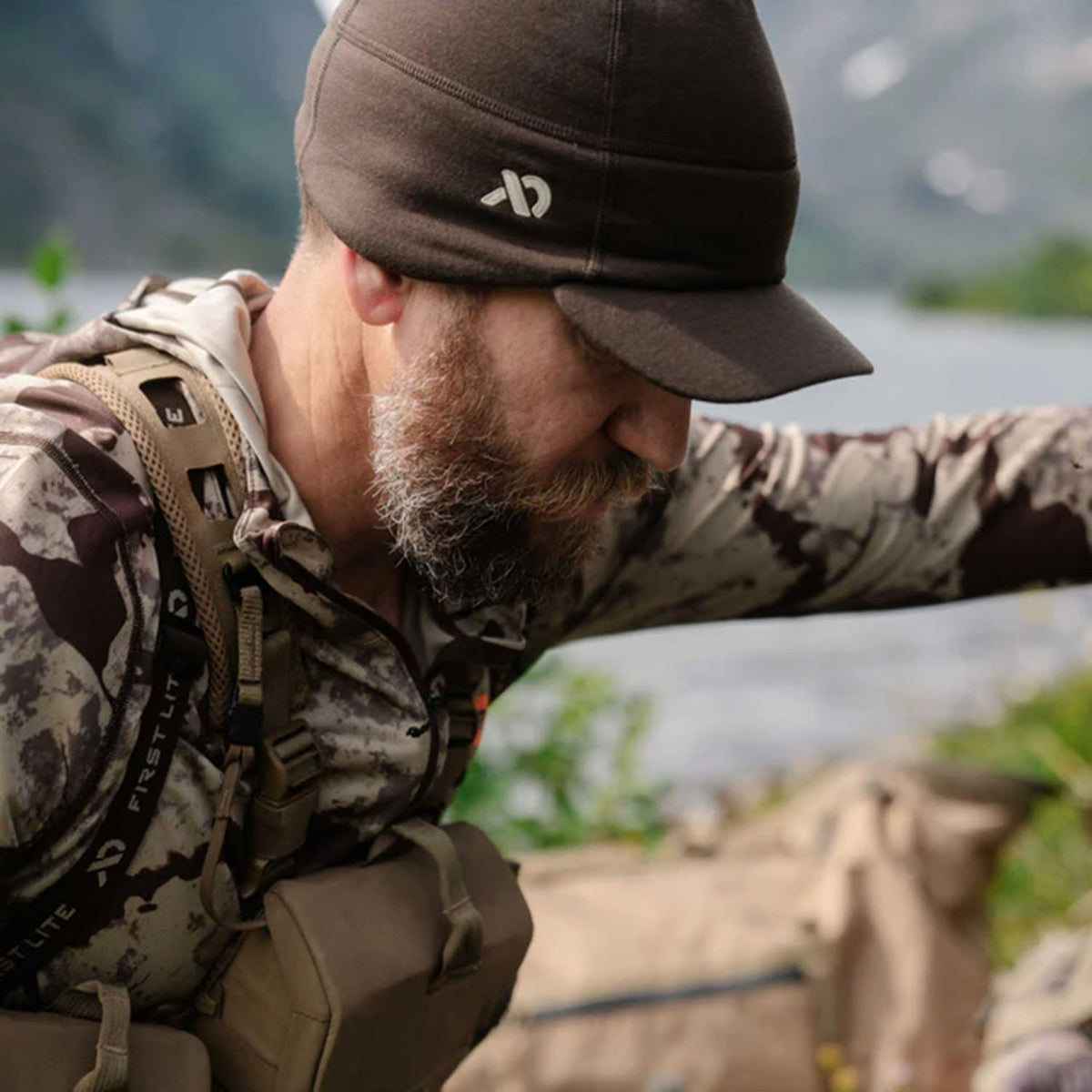 Lifestyle Image of the First Lite Rugged Wool Brimmed Beanie.