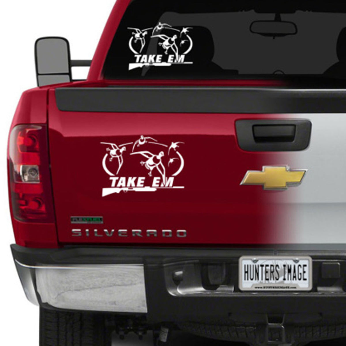 Hunters Image Take Em Ducks Waterfowl Window Decal Image on Truck