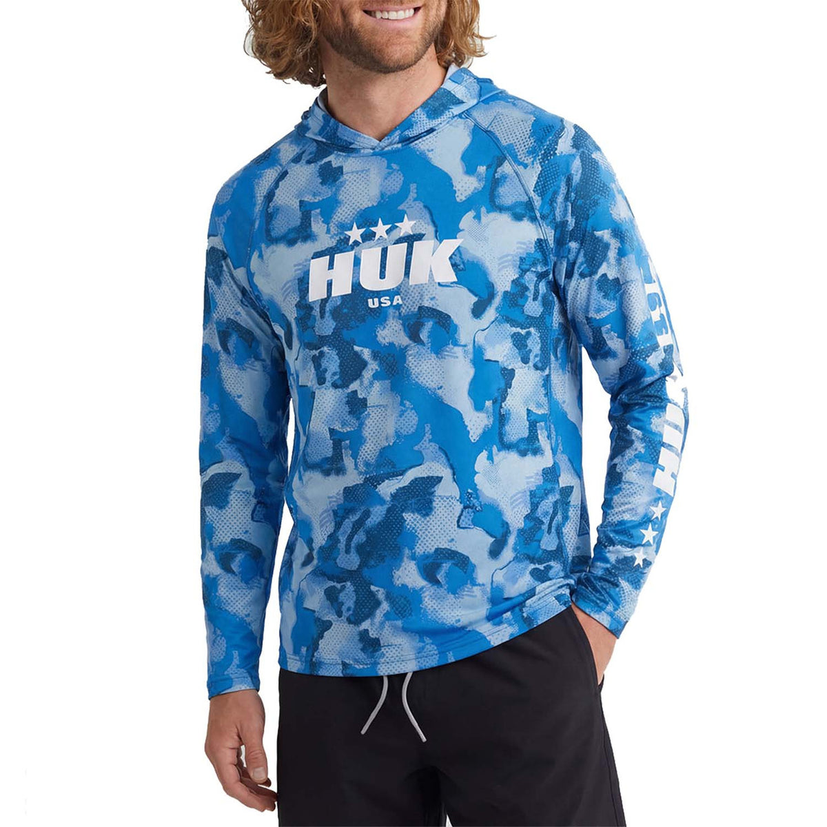 Front Image of the Huk Performance Fishing Airweight America 250 KC Printed Hoodie.