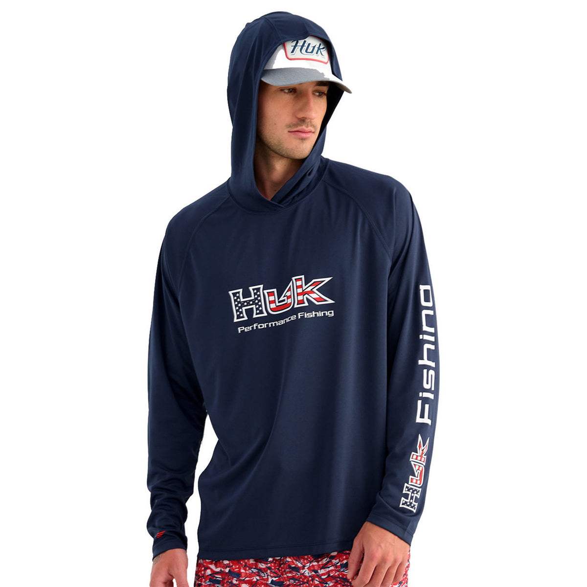 Hood Up Image of the Huk Performance Fishing Pursuit America 250 Performance Hoodie.