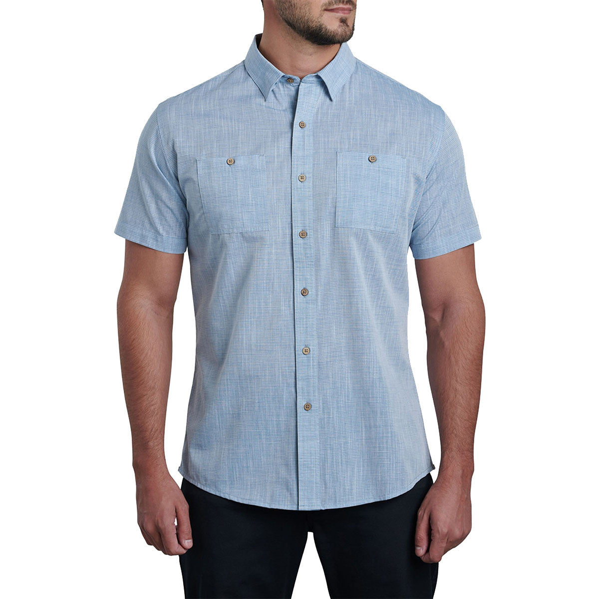 Front Image of the Kuhl Karib Button-Down Shirt in Horizon Blue