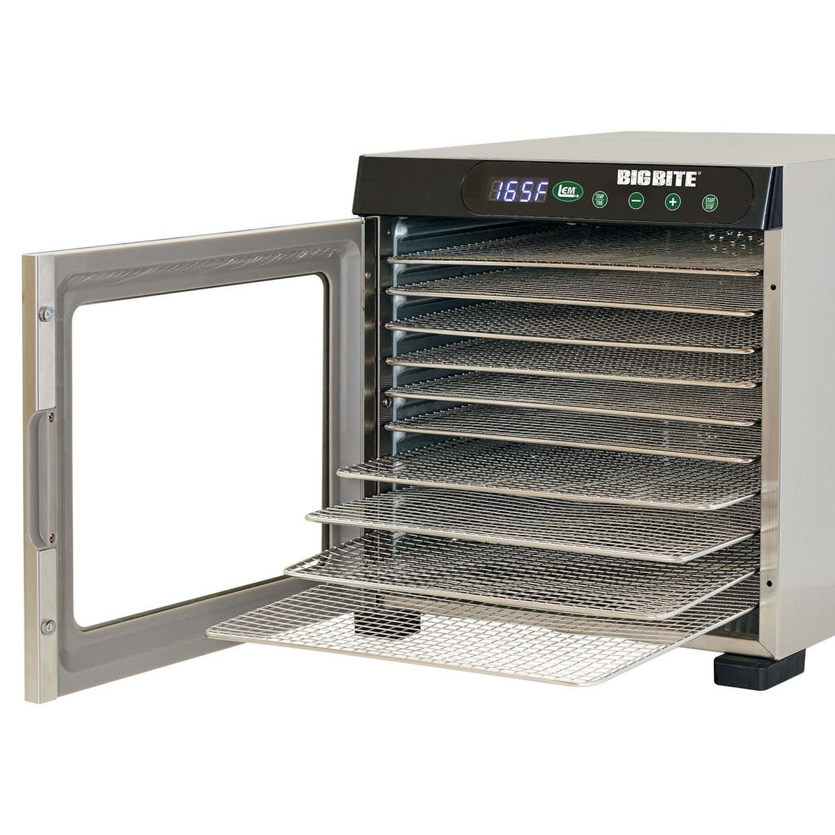 Opened image of the LEM BigBite 10-Tray Stainless Steel Dehydrator.
