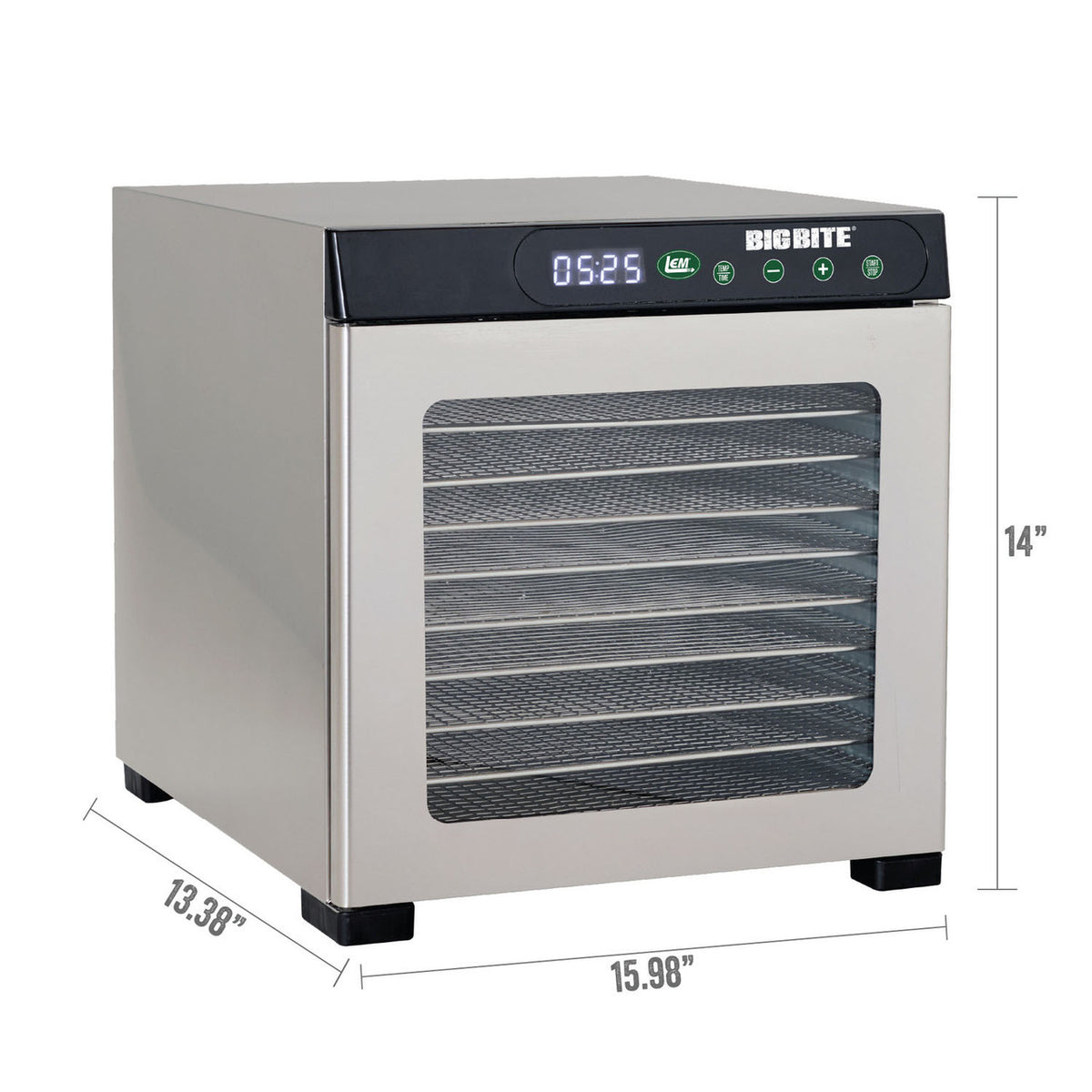 Size chart image of the LEM BigBite 10-Tray Stainless Steel Dehydrator..