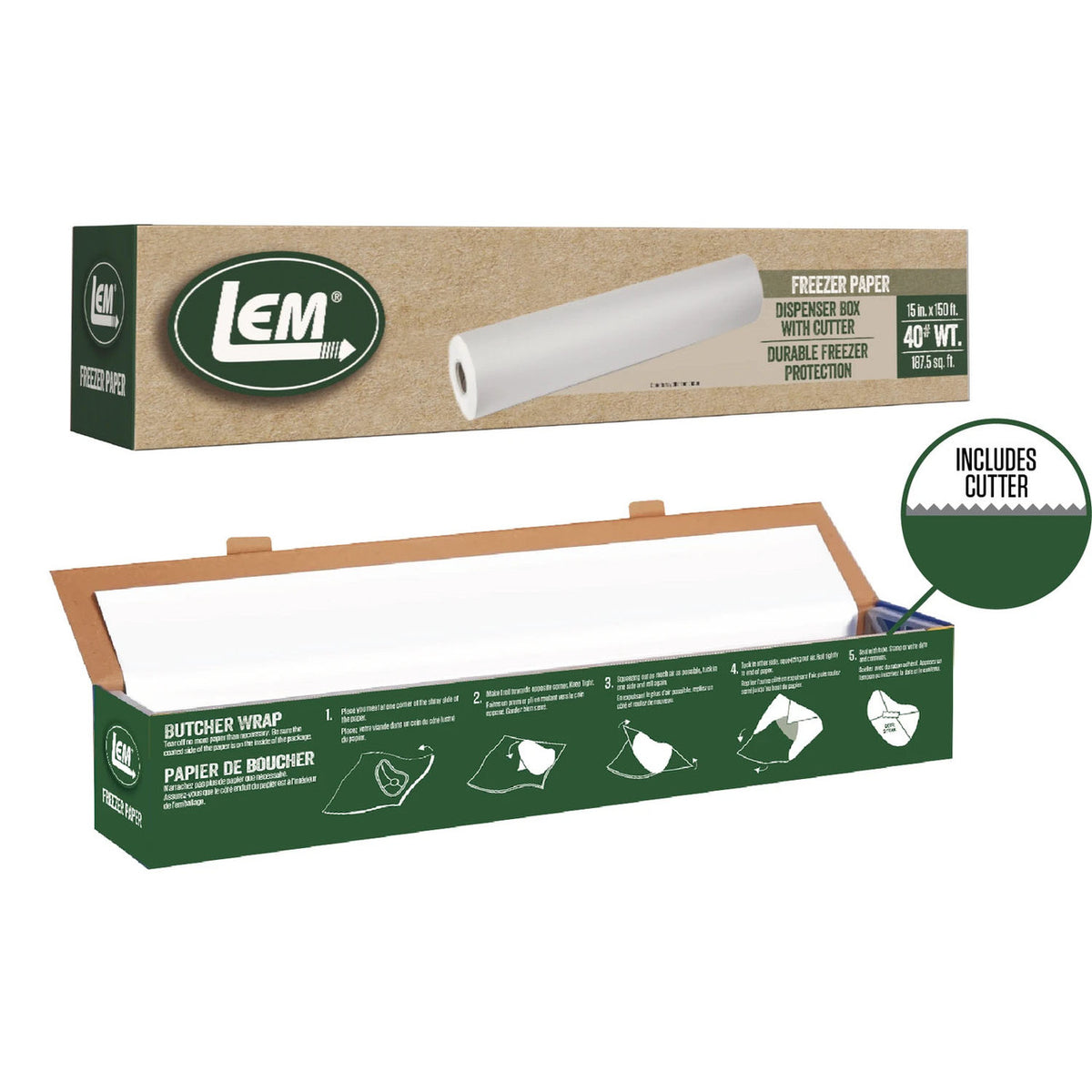 Zoomed in image of the LEM Freezer Paper 15"x150' with built in Cutter Box.
