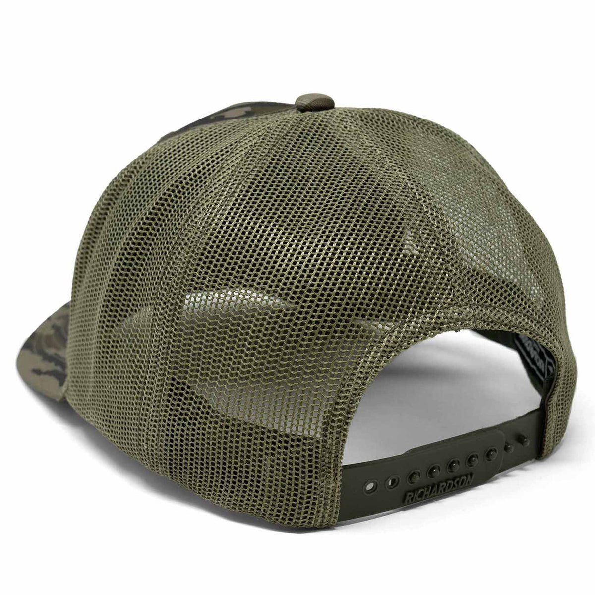 Back image of the MeatEater Bear Grease Camo Trucker Hat.