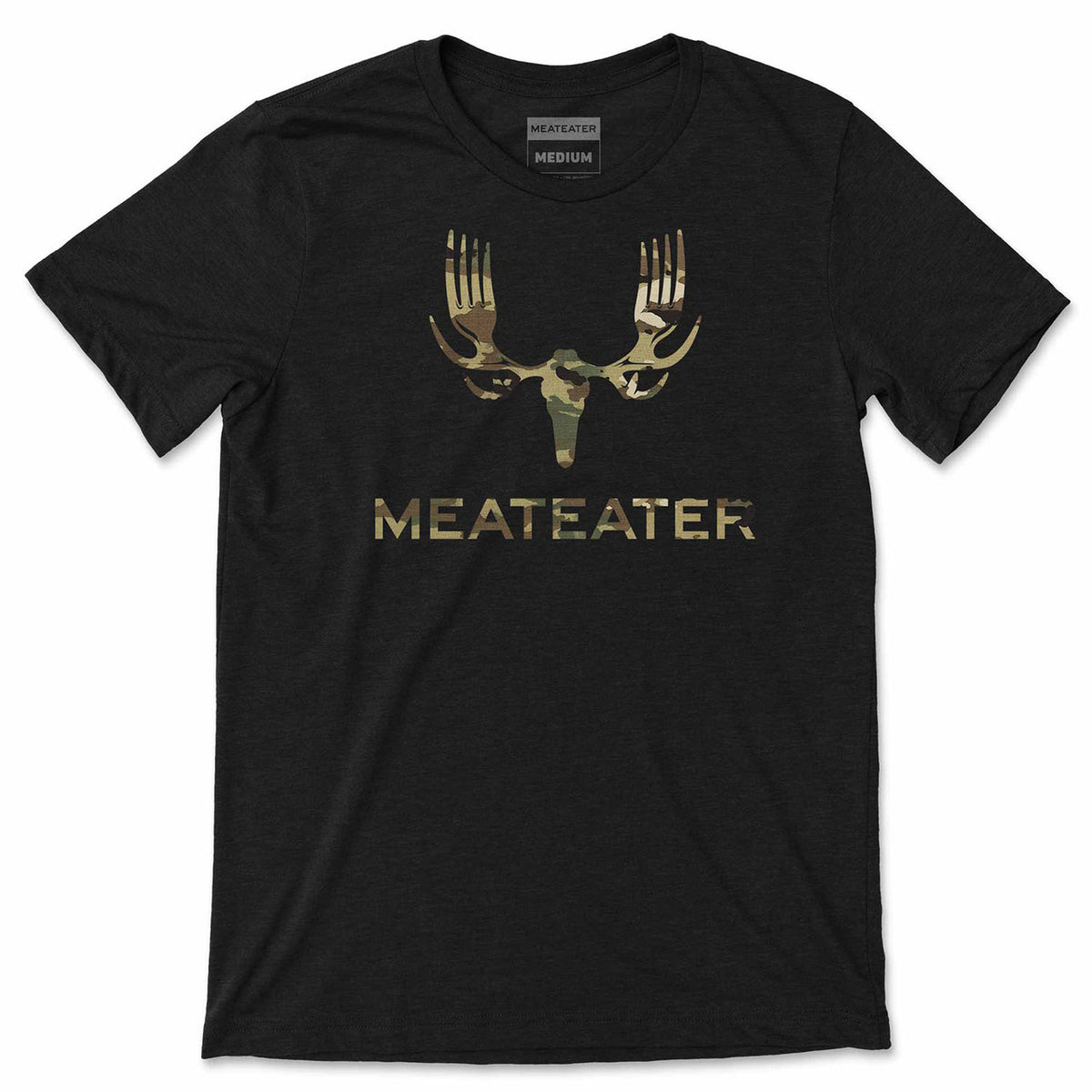 Image of the MeatEater Camo Forks T-Shirt in black.