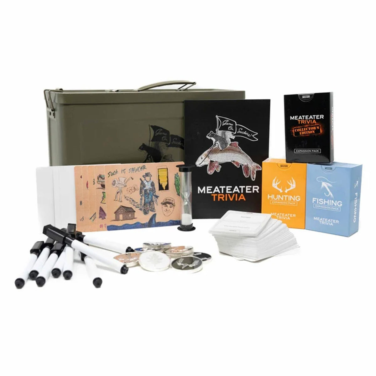 All pieces image of the MeatEater Trivia Collector's Edition.