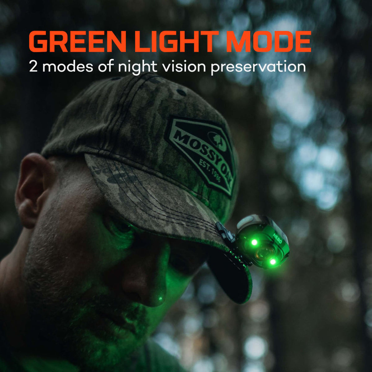 Green Light Mode Image of the Nebo Lighting Mycro 450 Headlamp.