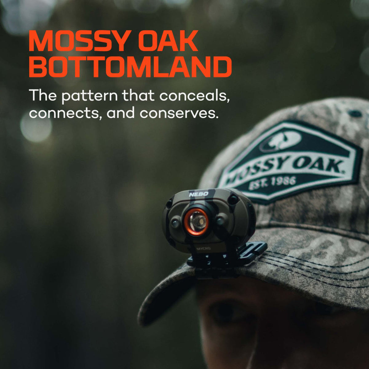 Mossy Oak Bottomland Image of the Nebo Lighting Mycro 450 Headlamp.