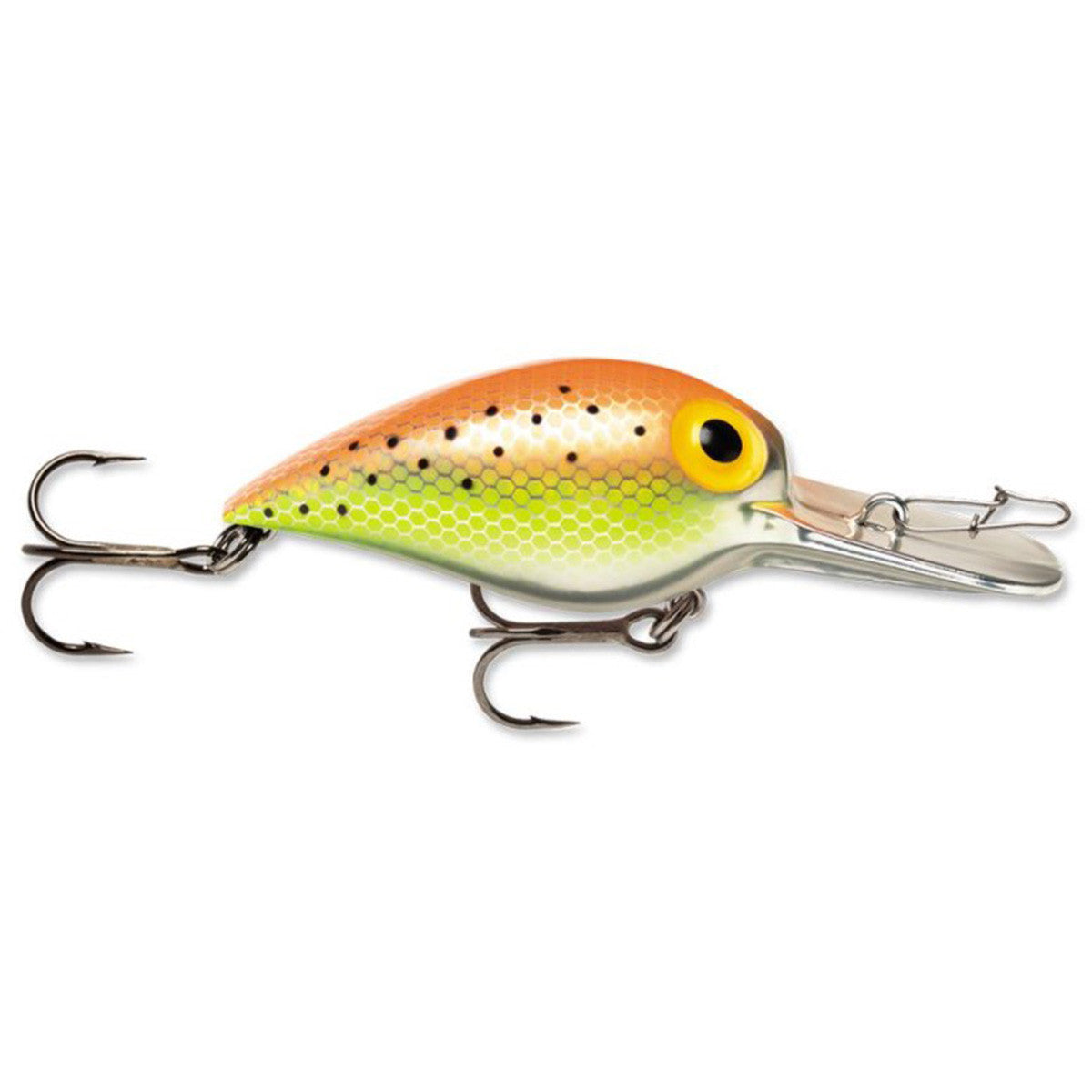 Wiggle Wart Lure – 2″ Length, #4 Hook, 3-8 oz, 7′-18′ Depth, Metallic Orange-Chartreuse Spec, Per 1