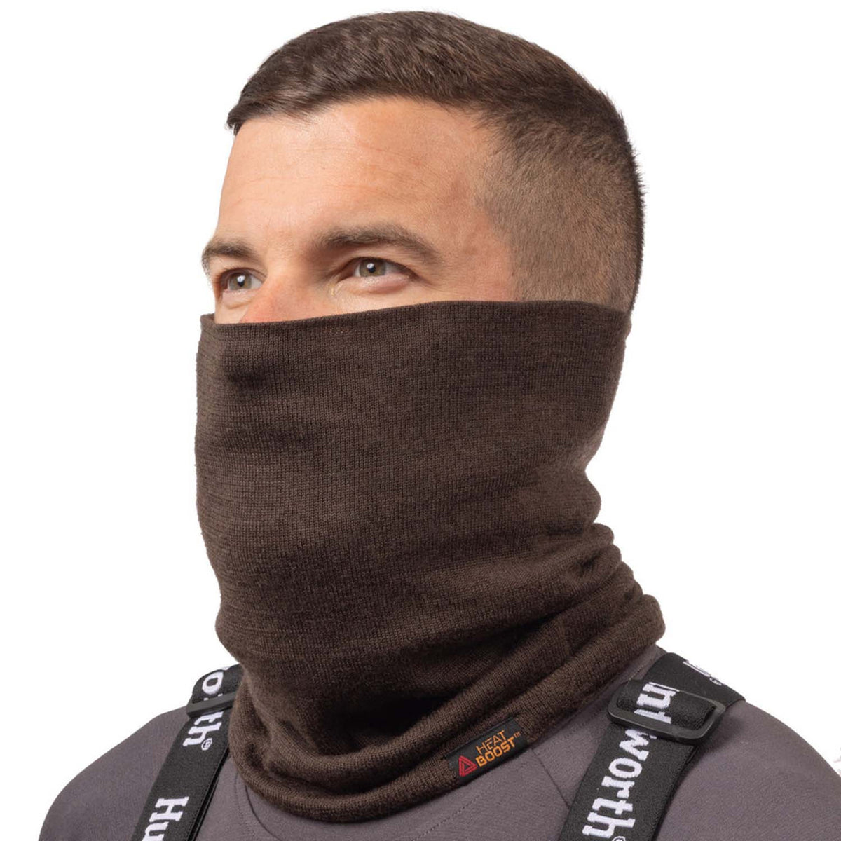 In use image of the Huntworth Merino Wool Heat Boost Neck Gaiter in Ash Brown.
